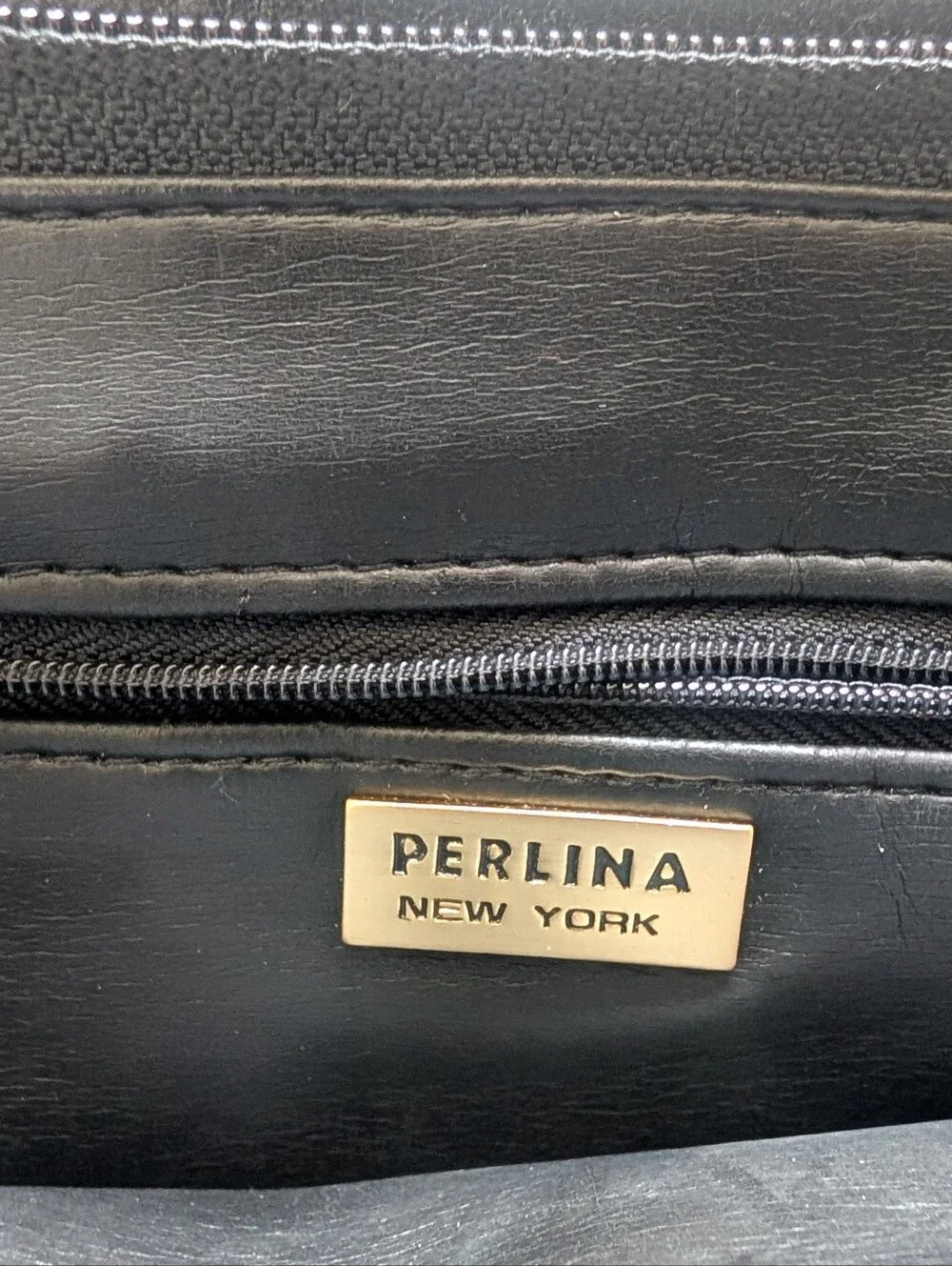 Vintage Perlina Black Leather Tote Bag with Gold Accents